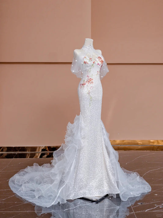 Gorgeous White Sweetheart Mermaid Tulle Sequin Train Wedding Dress RF0651