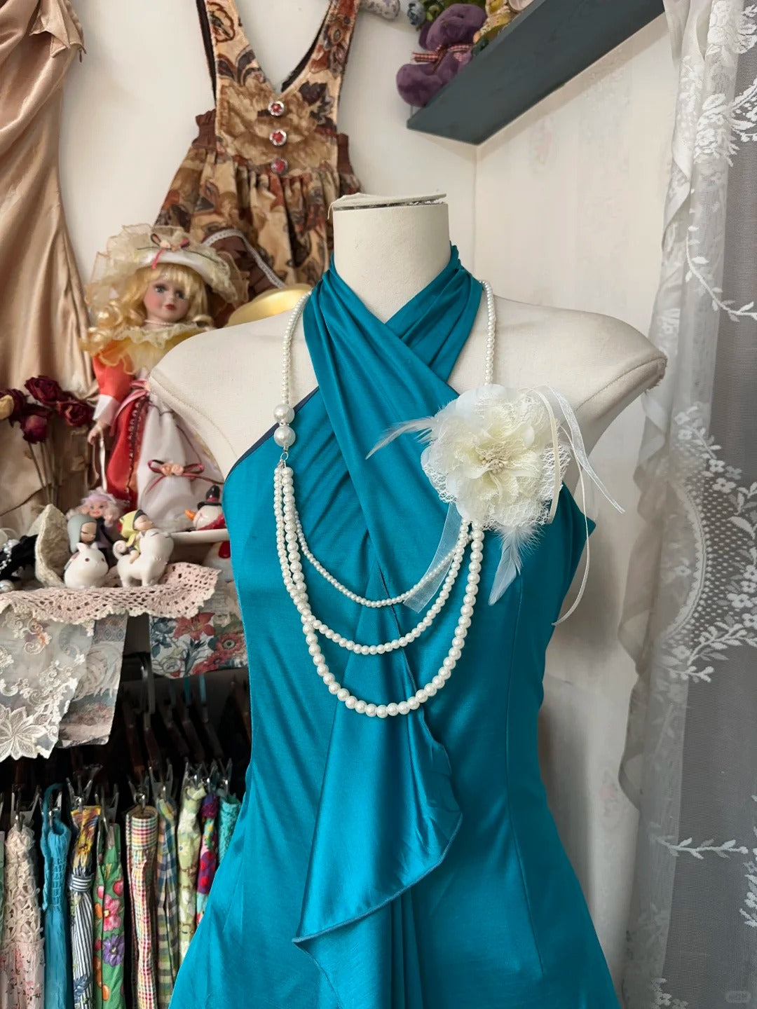 Elegant Teal Satin Halter Collar A-Line Short Prom Dresses Simple Evening Gowns RF0658