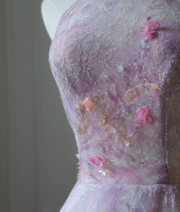 Robe de soirée longue trapèze en dentelle violette et perles, col roulé, style conte de fées, RF0661
