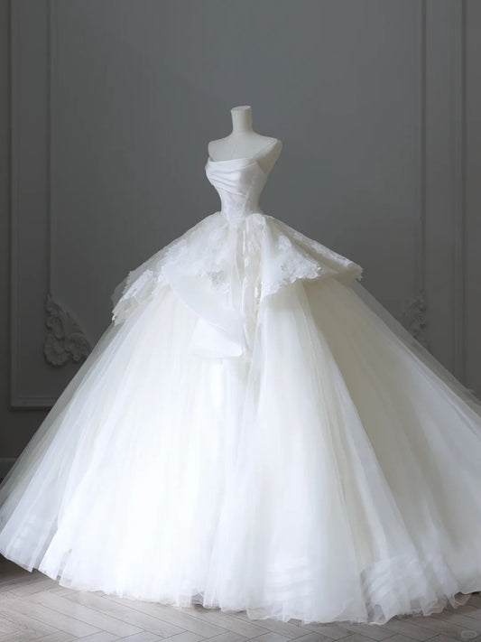Beautiful White Strapless A-Line Tulle Lace Long Wedding Dresses RF0664