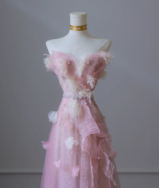 Sweet Pink Strapless A-Line Tulle Appliques Long Prom Dresses Formal Evening Gowns RF0665