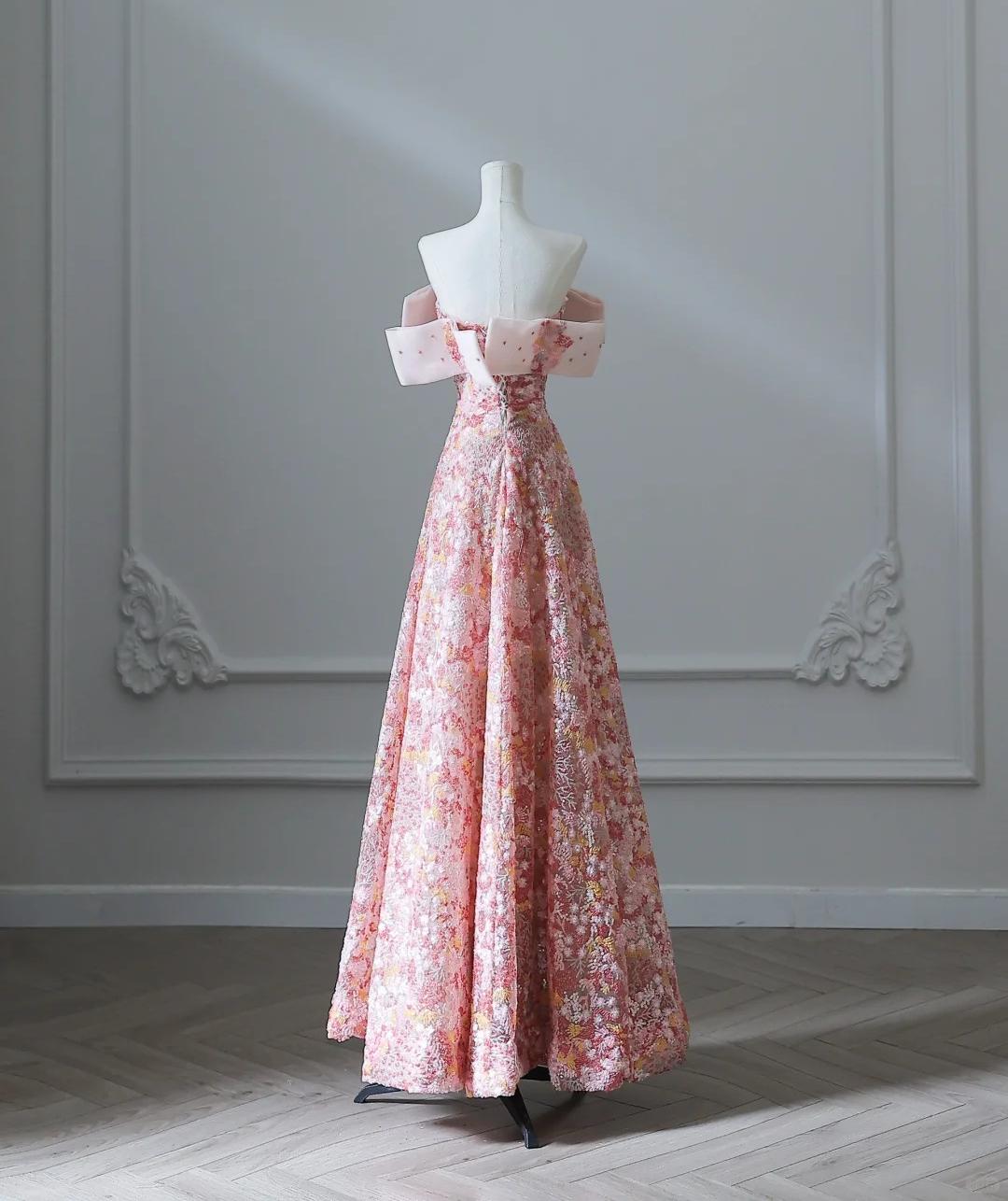 Robe de soirée longue rose bustier en tulle et sequins, coupe trapèze, RF0668
