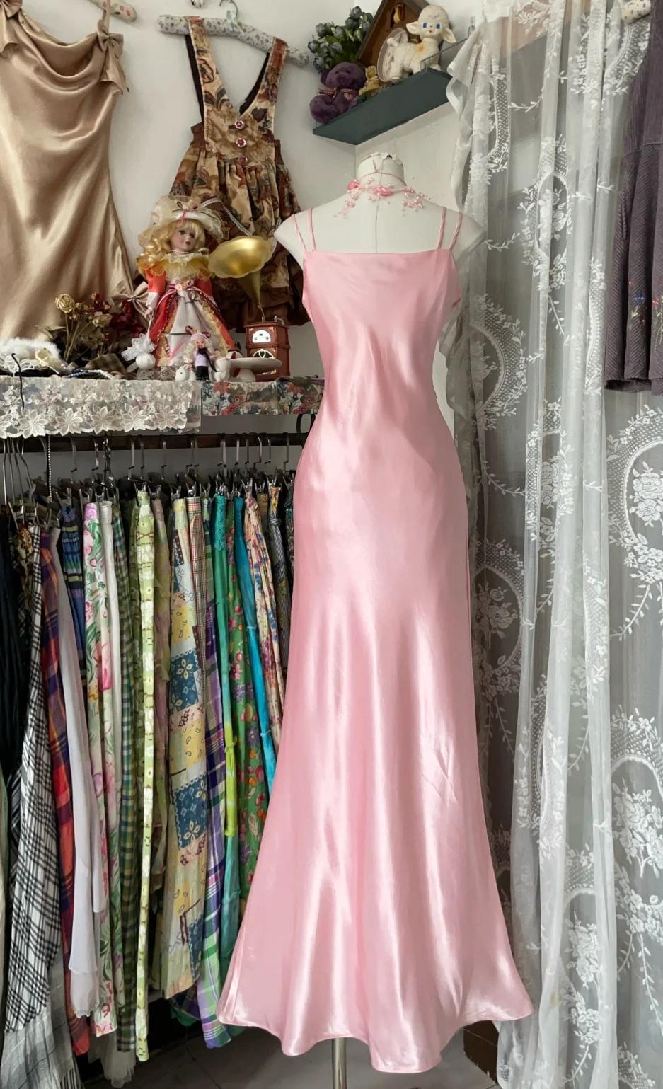 Robe sirène longue en satin rose à bretelles, tenue de soirée d'anniversaire, RF0677