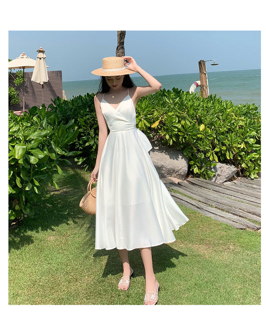 Simple White Strap V Neck Chiffon Summer Backless Dress RF0711