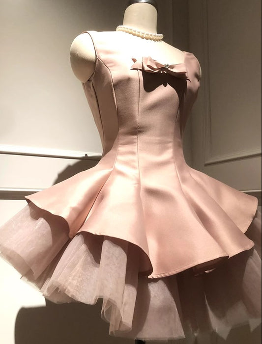 Sweet Pink Scoop Neck A-line Satin Tulle Homecoming Dress Short Evening Gowns RF0714