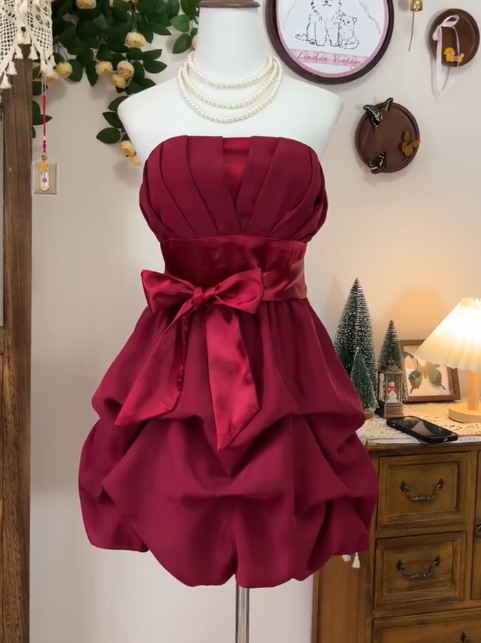 Elegant Burgundy Strapless A-line Chiffon Short Party Dress Homecoming Dress RF0718