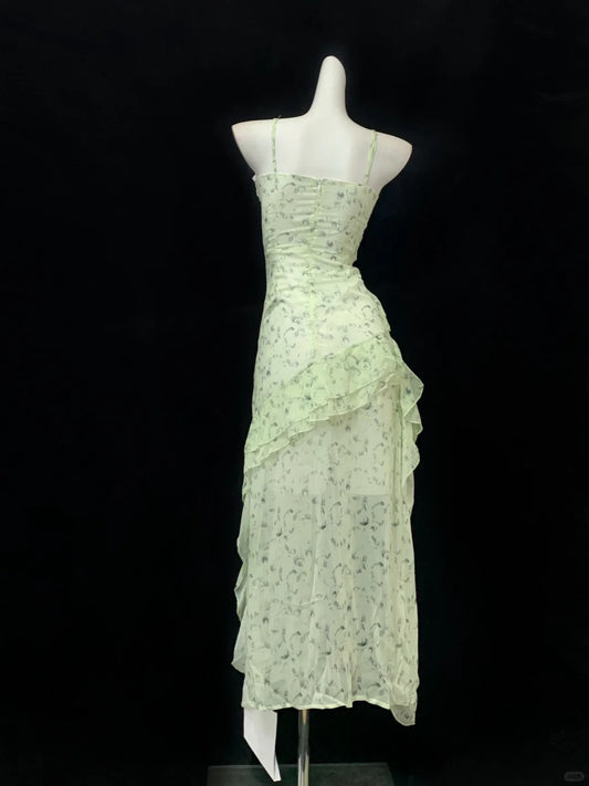 Elegant Light Green Spaghetti Straps Printed Chiffon A-line Hi-Lo Party Dress Homecoming Dress RF0720