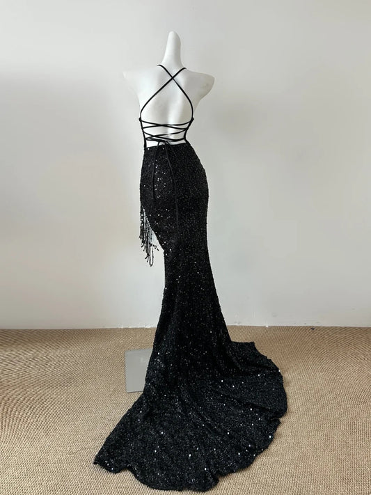 Sexy Black V-neck Mermaid Sequin Long Prom Dress RF0721