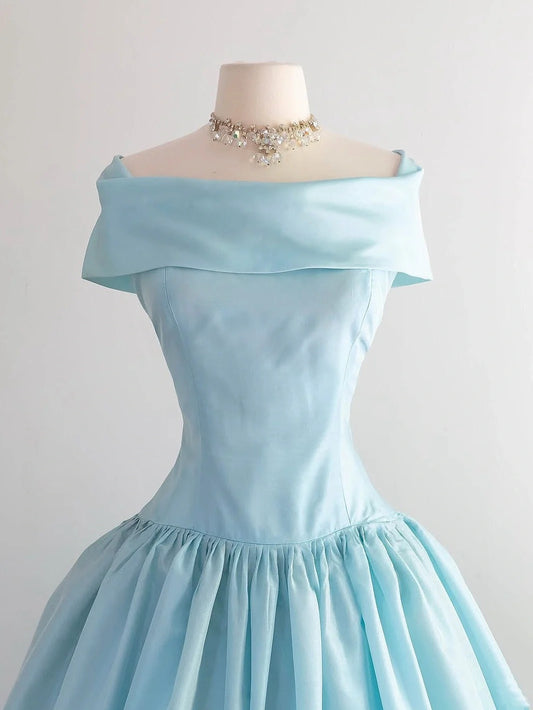 Elegant Blue Off Shoulder A-Line Satin Long Prom Dress Homecoming Dress RF0722