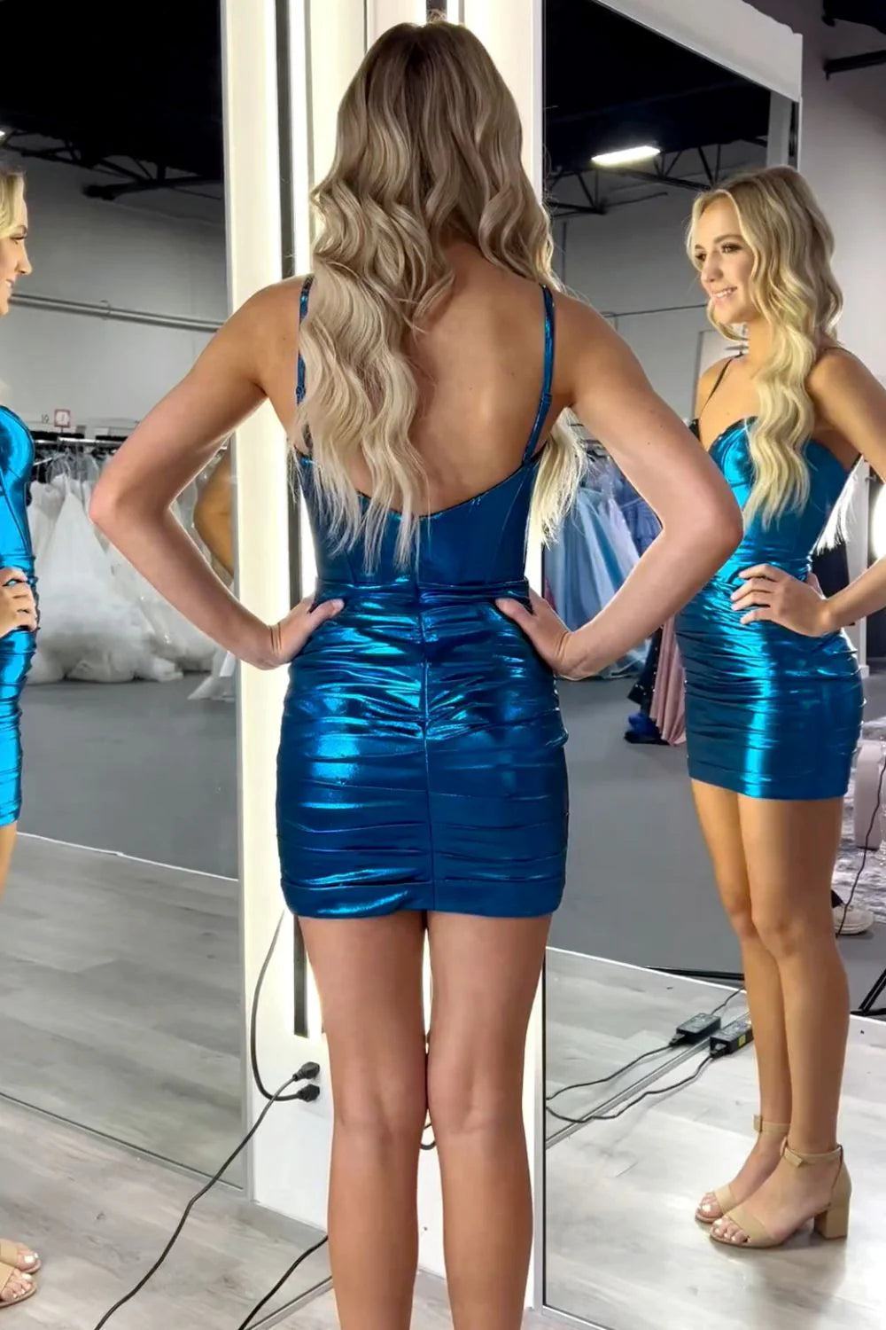 Sexy Blue Spaghetti Strap Bodycon Glitter Satin Short Prom Dresses Homecoming Dress RF0728