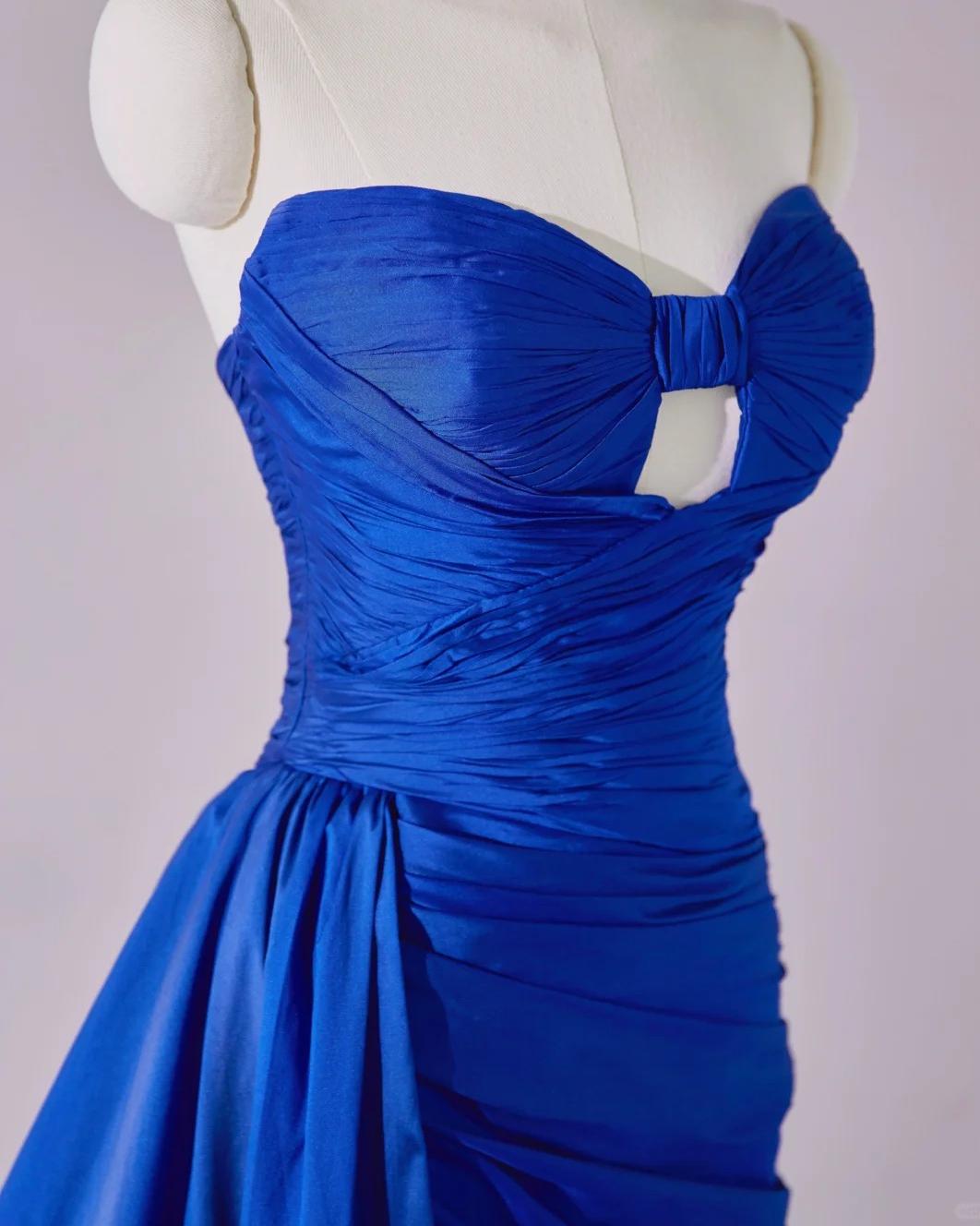 Elegant Royal Blue Strapless Mermaid Satin Long Prom Dresses Formal Evening Dress RF0745