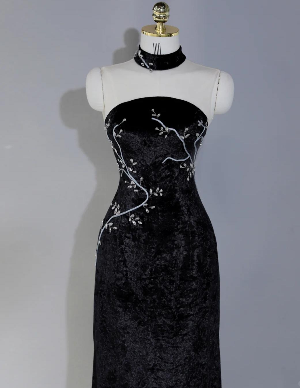 Elegant Black Strapless Mermaid Velvet Long Prom Dresses Formal Evening Dress RF0747