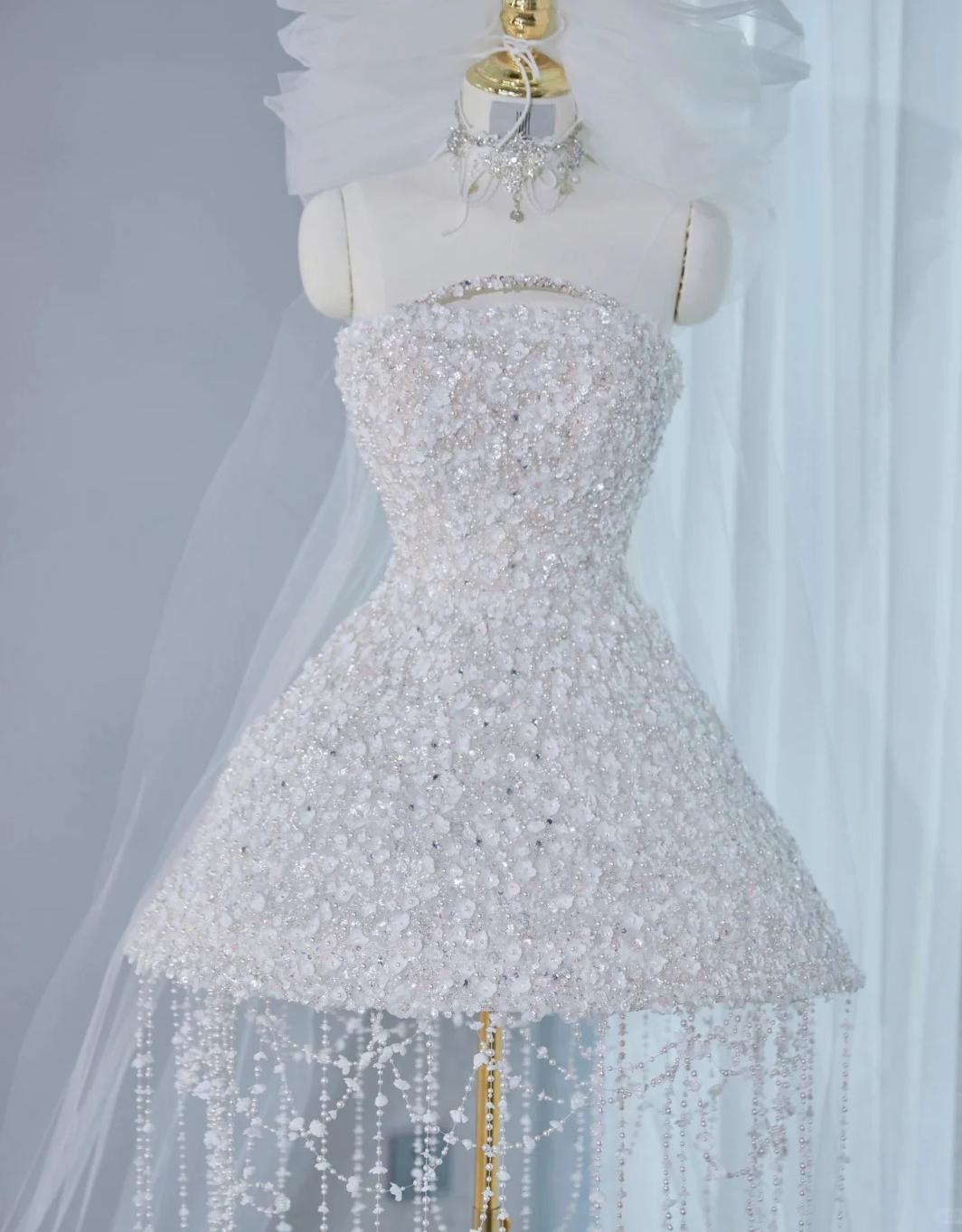 Gorgeous White Strapless A-line Tulle Beaded Prom Dresses Homecoming Dress RF0748