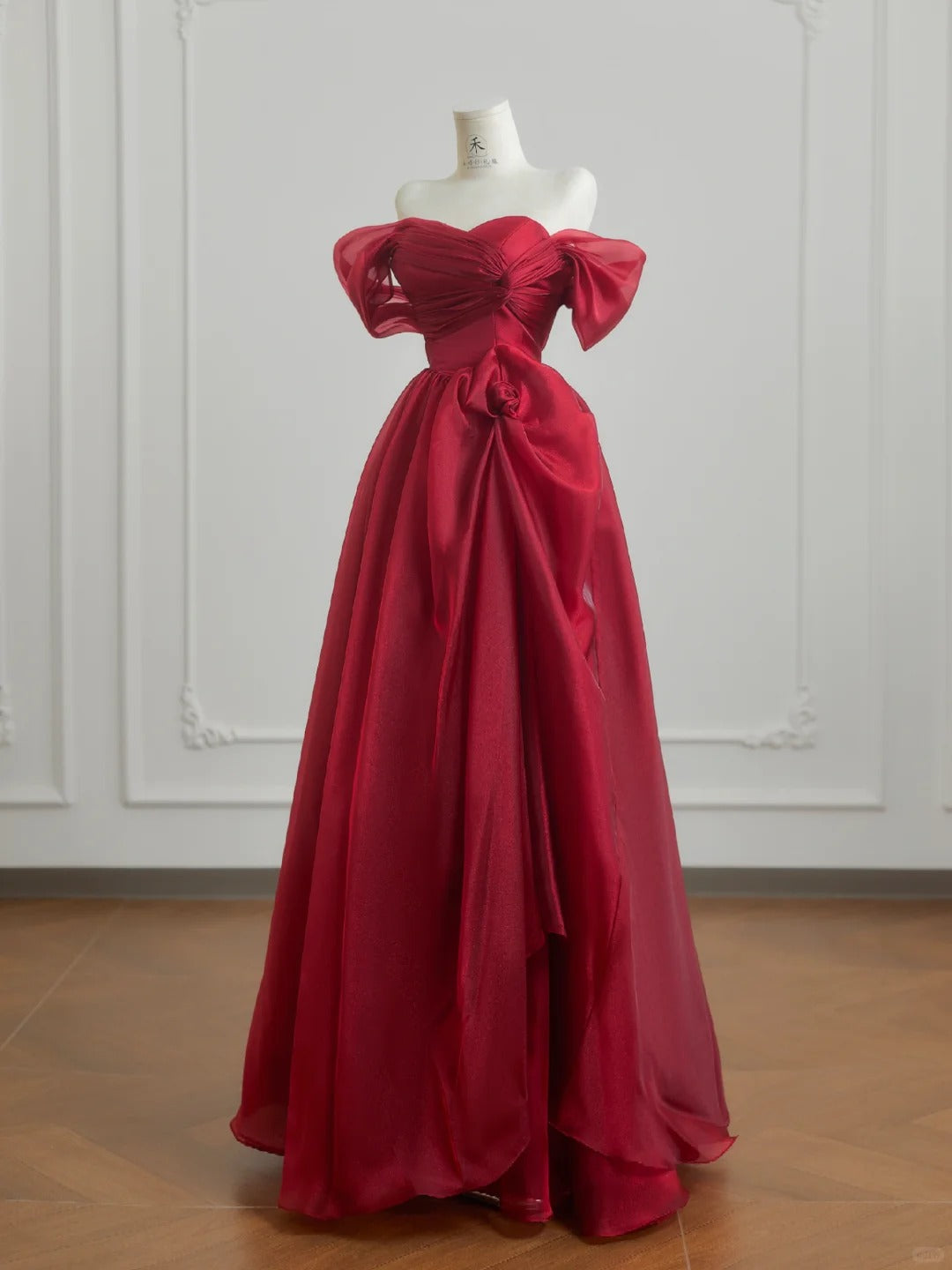 Glam Burgundy Off-the-shoulder A-Line Satin Tulle Long Prom Dresses Formal Evening Gowns RF0760