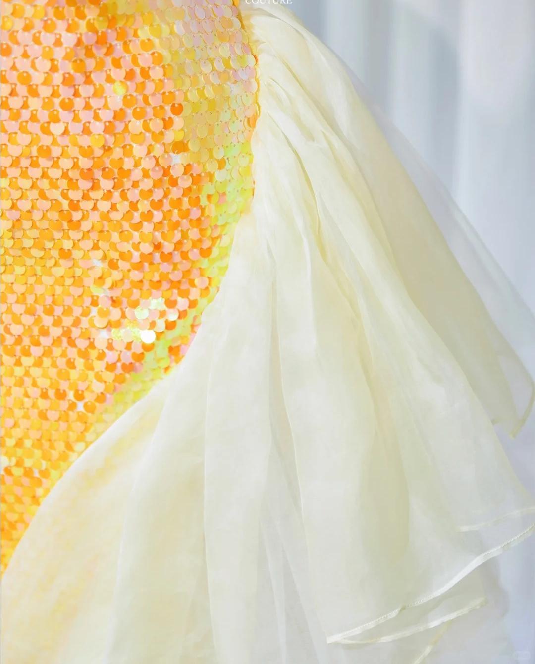 Gorgeous Bright Yellow Strapless Mermaid Sequined Tulle Long Prom Dresses Formal Evening Gowns RF0770