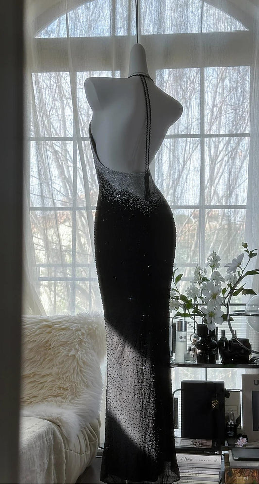 Elegant Black Halter Mermaid Chiffon Beading Long Prom Dresses Vintage Formal Evening Gowns RF0772