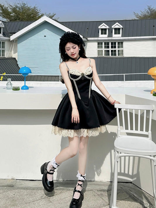 Sweet Black Spaghetti Straps A-Line Lace Satin Short Prom Dresses Homecoming Dresses RF0797