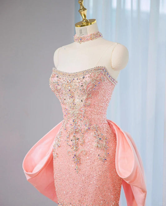 Sweet Strapless Pink Mermaid Beaded Tulle Long Prom Dresses Formal Evening Dress with Bow RF0800