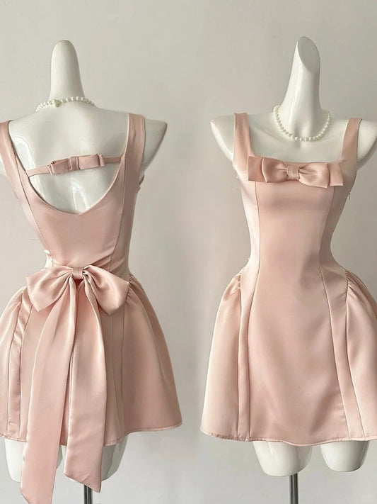 Sweet Pink Square Neck A-Line Satin Short Prom Dresses Homecoming Dresses with Bow RF0807