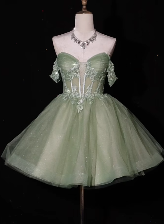 Robe de bal courte en tulle vert doux, épaules dénudées, coupe trapèze, avec appliques, RF0809