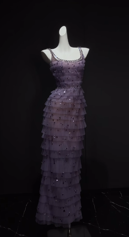Sweet Purple Spaghetti Straps Sheath Tulle Sequin Long Prom Dresses Formal Evening Gowns RF0832