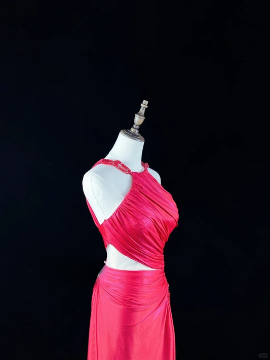 Stunning Hot Pink Halter Neck Sheath Satin Party Dresses Homecoming Dresses RF0836