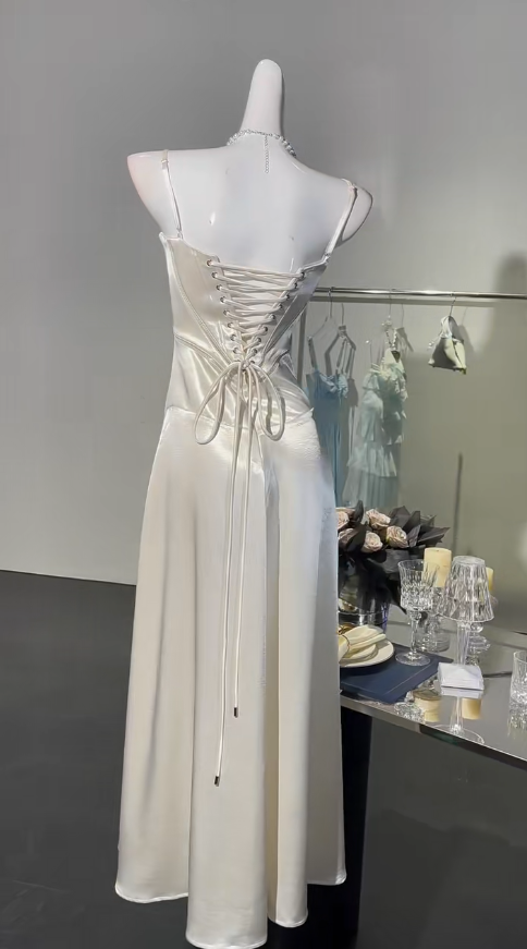 Sweet Spaghetti Strap A-Line White Satin Long Prom Dresses Birthday Evening Gowns RF0840