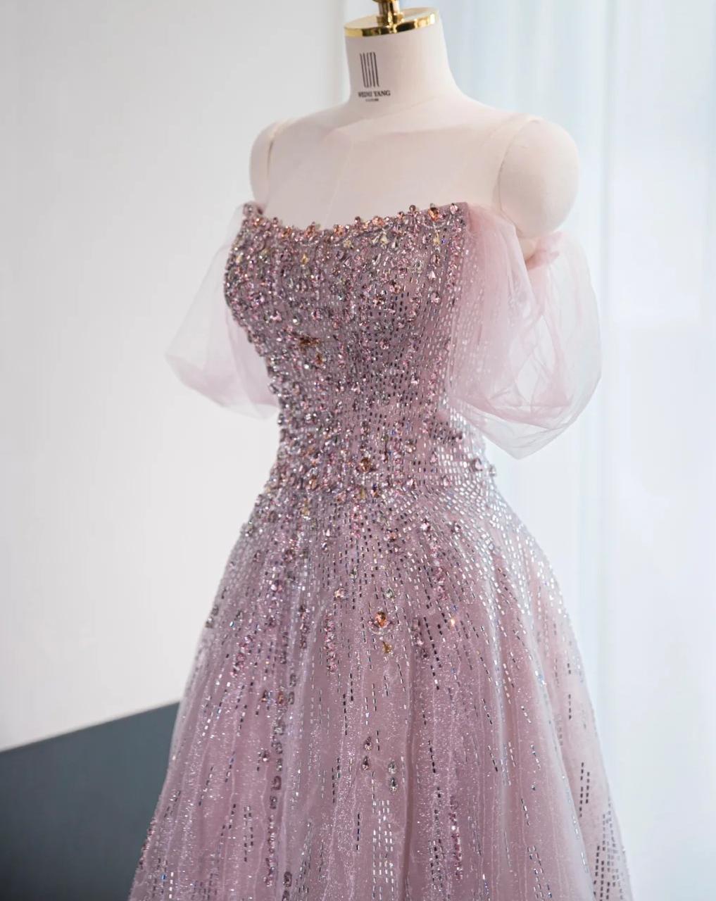 Wunderschönes rosa schulterfreies A-Linien-Tüll-Pailletten-Langballkleid, formelle Abendkleider RF0847