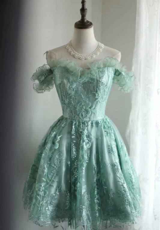 Gorgeous Green Off-the-Shoulder A-Line Tulle Beaded Short Prom Dresses Homecoming Dresses RF0873