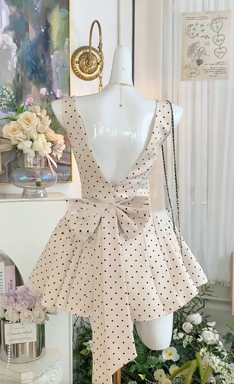 Sweetheart Light Champagne Square Neck A-Line Satin Polka Dot Open Back Short Party Dresses with Bow RF0882