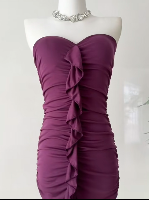 Sexy Grape Purple Strapless Bodycon Satin Short Party Dresses RF0883