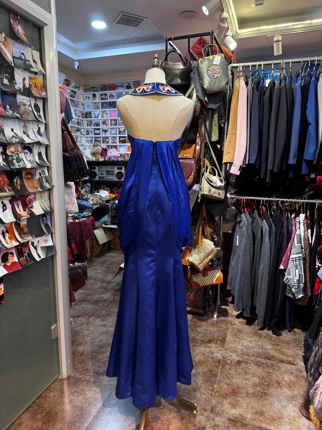 Elegante blaue Rundhals Meerjungfrau Satin Perlen lange Ballkleider formale Abendkleider RF0887