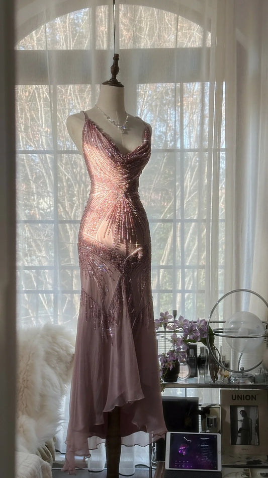 Elegant Dust Pink Spaghetti Straps A-Line Beaded Chiffon Prom Dresses Vintage Evening Dress RF0893