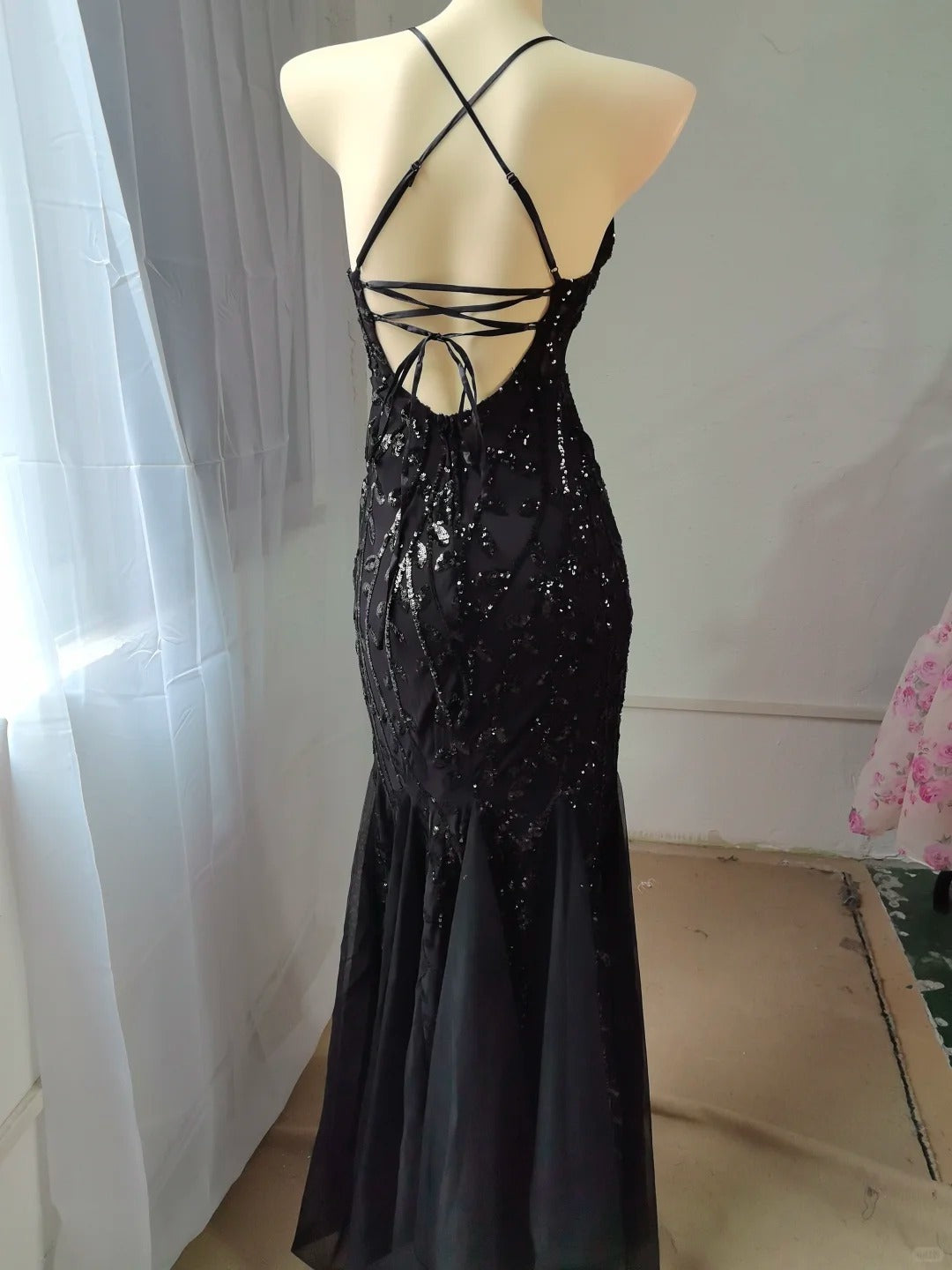 Stunning Black Spaghetti Straps Mermaid Tulle Sequin Prom Dresses Formal Evening Dresses RF0894