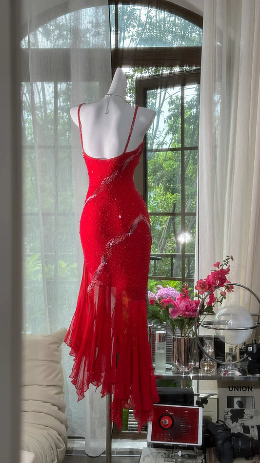 Elegant Red Spaghetti Straps Sheath Chiffon Beading Short Prom Dresses Party Dress RF0899