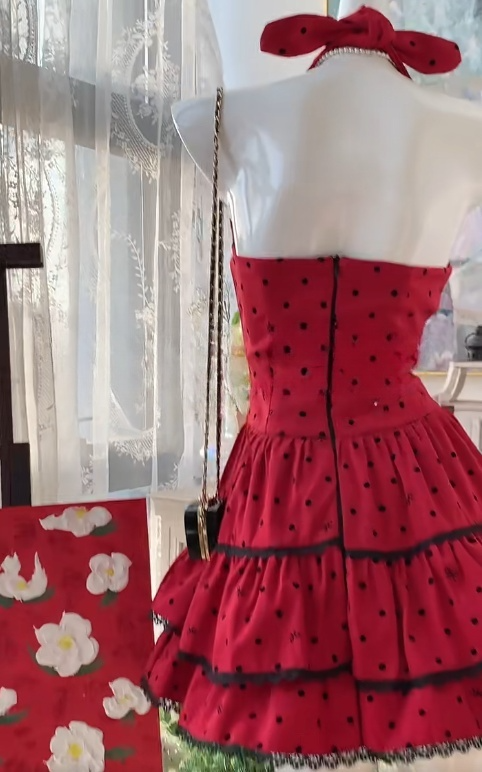 Robe de soirée courte rouge élégante à pois et dos nu, coupe trapèze, RF0904