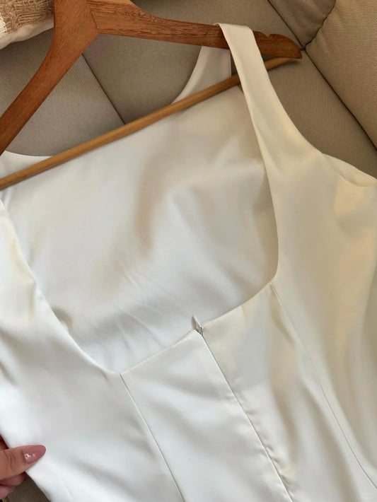 Elegant White Boat Neck A-Line Satin Short Party Dress RF0916