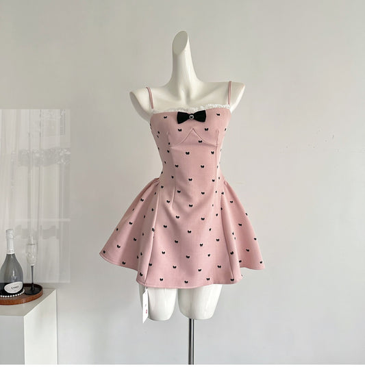 Gorgeous Pink Spaghetti Straps A-Line Short Evening Dress with Bow Cute Party Dress RF0935