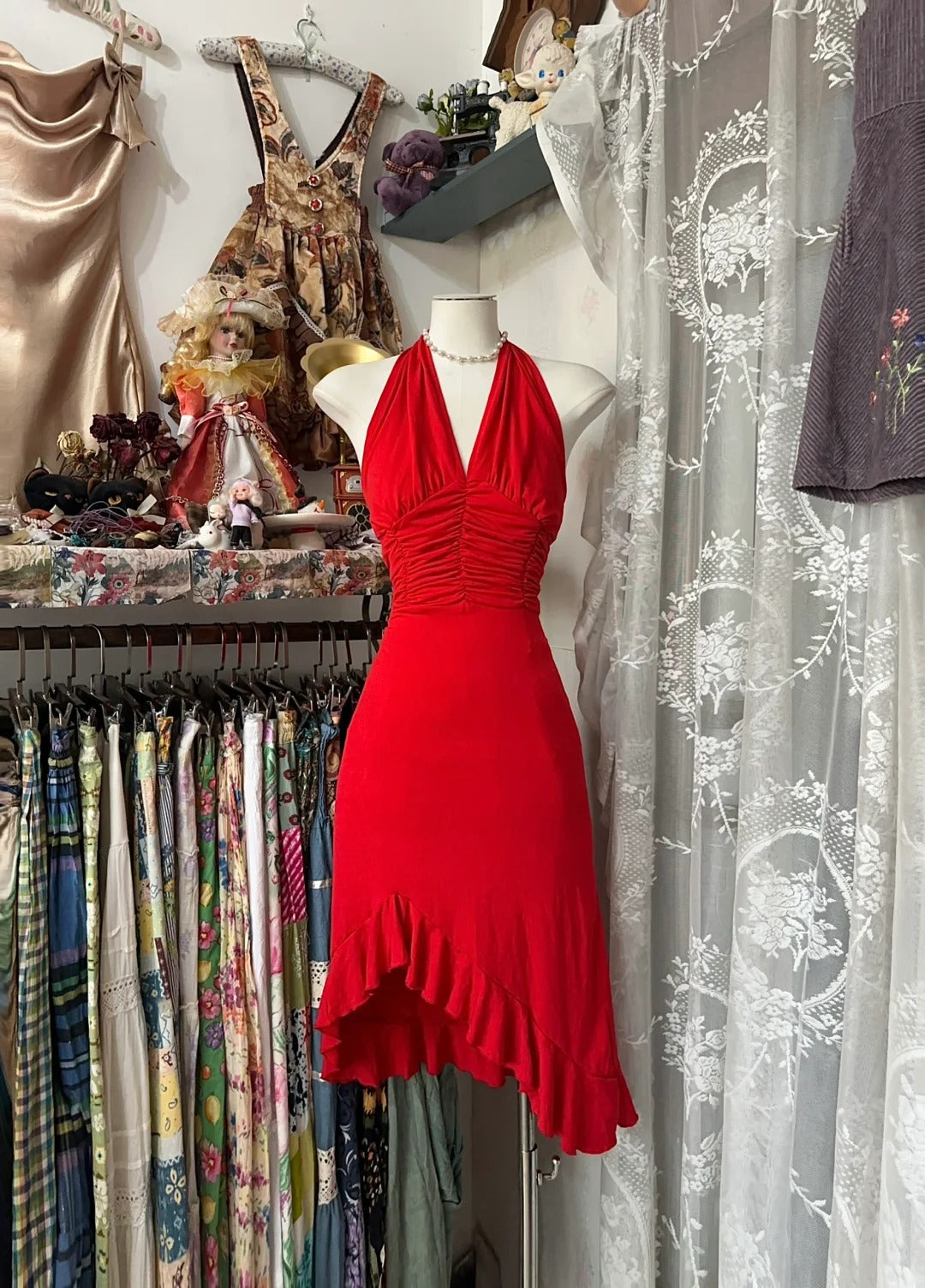 Glamour Red Halter Sheath Satin Short Prom Dresses RF0967