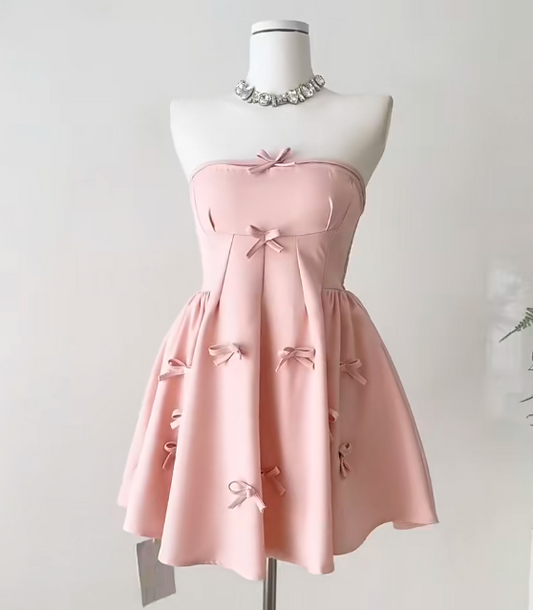 Gorgeous Pink Strapless A-Line Satin Short Birthday Party Dress with Bow RF0974