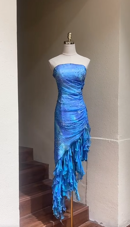 Elegant Blue Strapless Sheath Chiffon Beaded Evening Dress RF0976