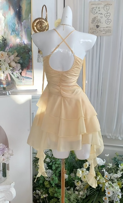 Sweet Yellow Spaghetti Straps A-Line Chiffon Backless Short Party Dress RF0977