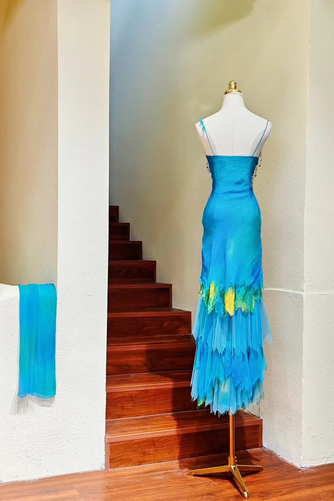 Vintage Blau Spaghettiträger Etui Chiffon Lange Ballkleider Glamour Abendkleid RF0978
