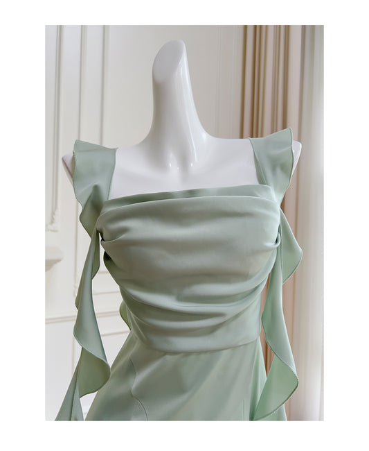 Chic Mint Green Sheath Square Neck Satin Short Party Dresses Simple Homecoming Dress with Ribbon RF0988