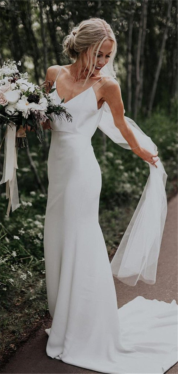 Sheath Spaghetti Straps Simple Satin Cheap Long Wedding Dresses With Train RF0378