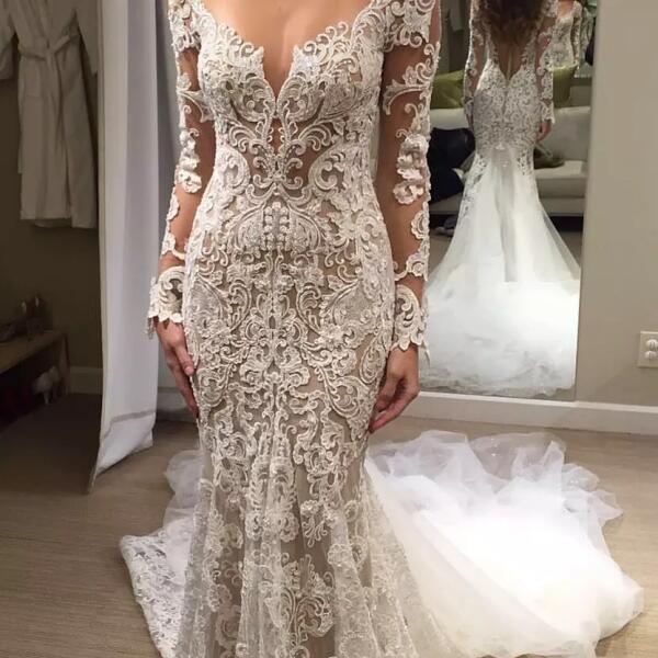 White Romantic Mermaid Wedding Dresses, Long Appliques Backless Wedding Dresses Lace RF0380