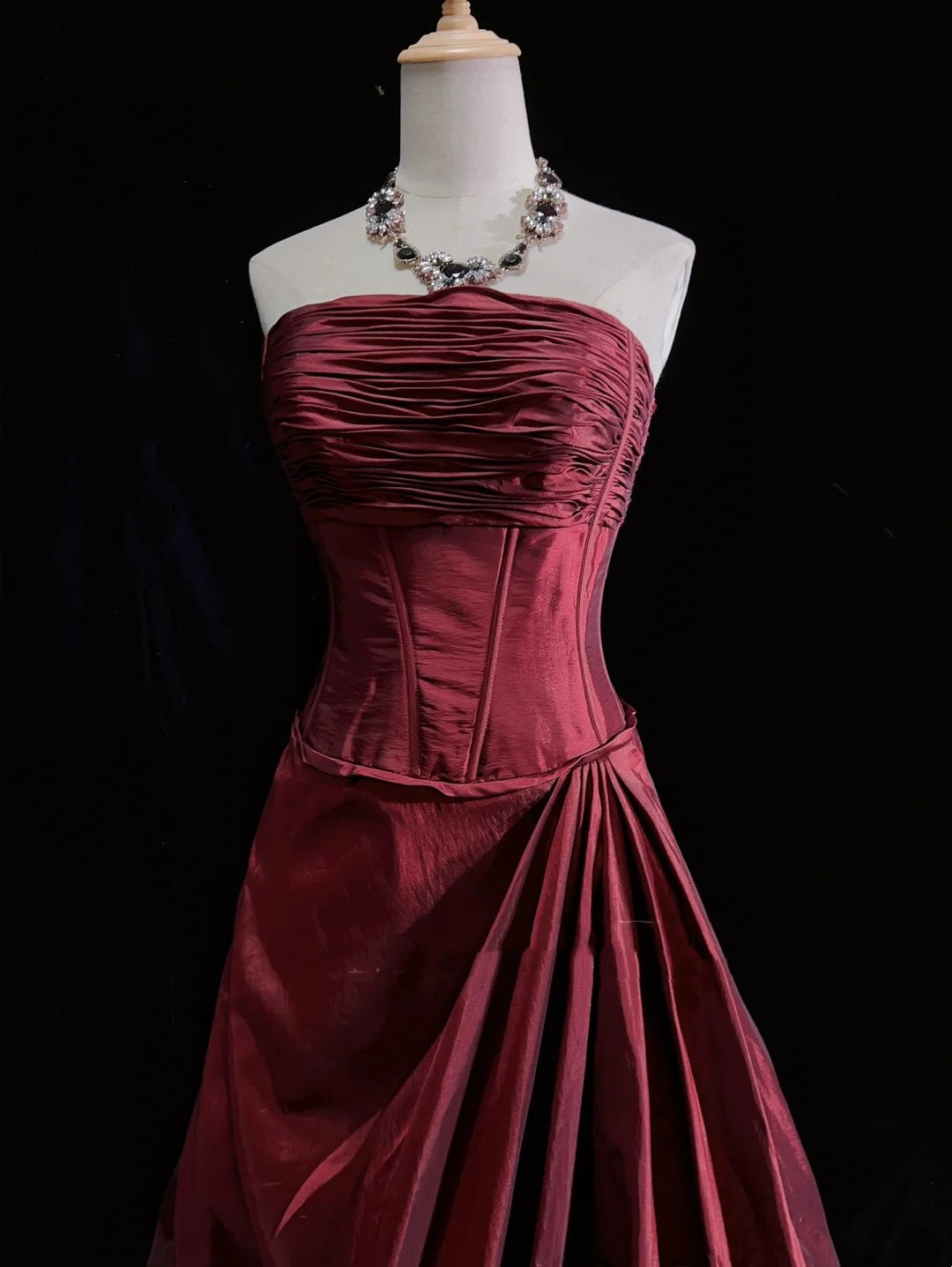 Vintage Ballkleid Trägerlos Burgunderroter Taft Y2K 2000er Party Abschlussballkleider N3199