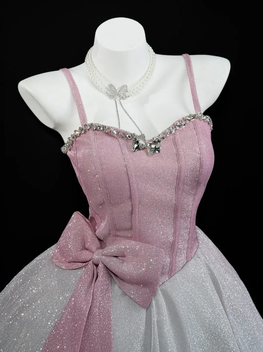 Romantic Ball Gowns Spaghetti Strap Pink Gray Short With Bow-knot Graduation High School Party Homecoming Dresses N4488