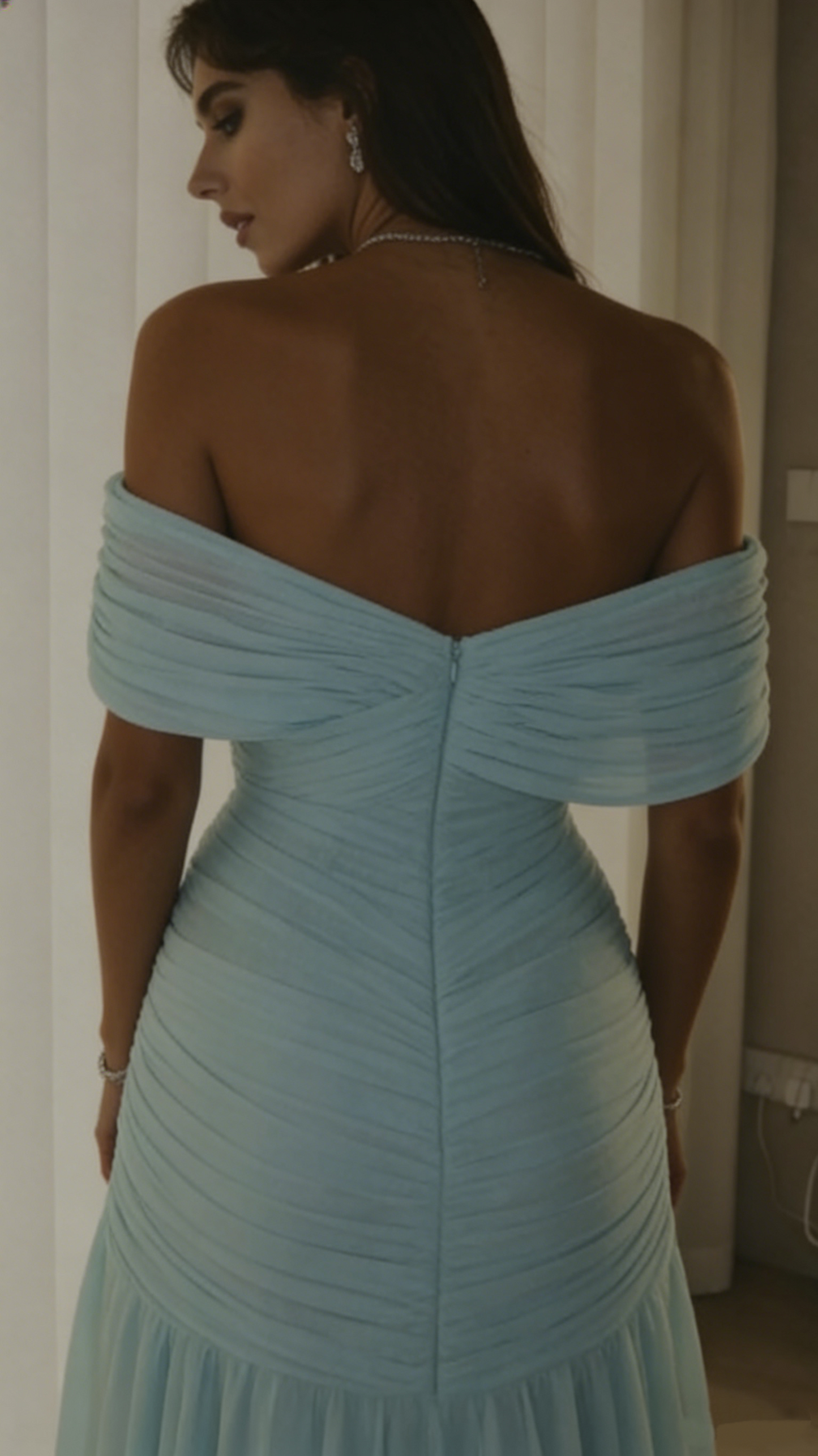 Sexy Meerjungfrauen-Abendkleid aus hellblauem Chiffon mit schulterfreiem Ausschnitt, langes Partykleid AB2139