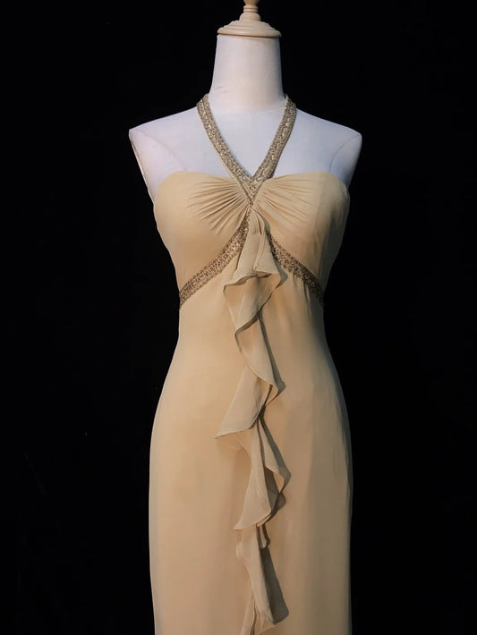 Timeless Prom Dresses A line Halter Gold Chiffon With Beading Long Evening Outfits N3208
